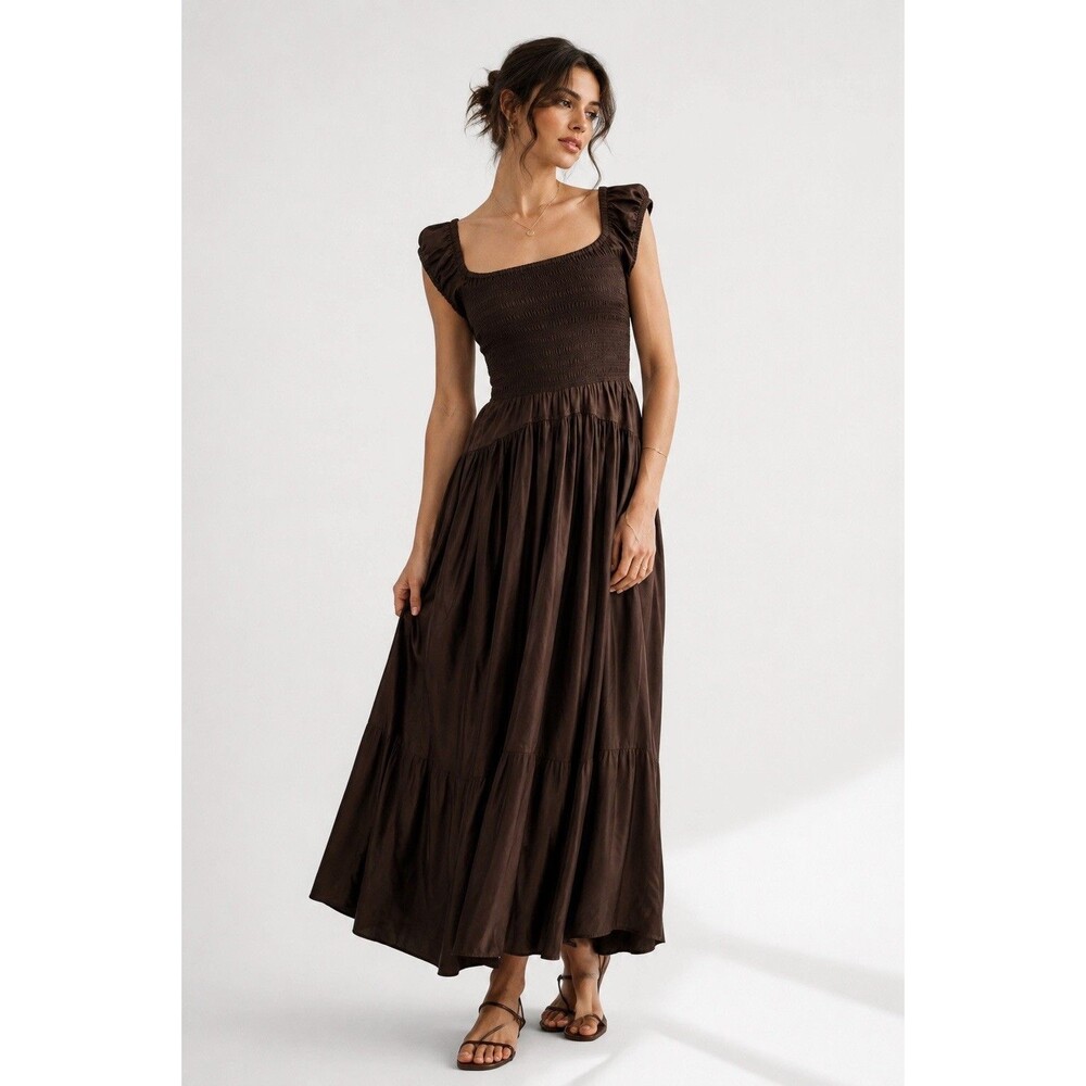 La Ligne Vivian Shirred Silk Midi Dress Brown XS